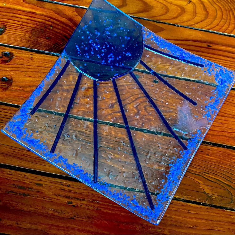 Blue Clear Fused Glass 9” Tray with Sun & Bird